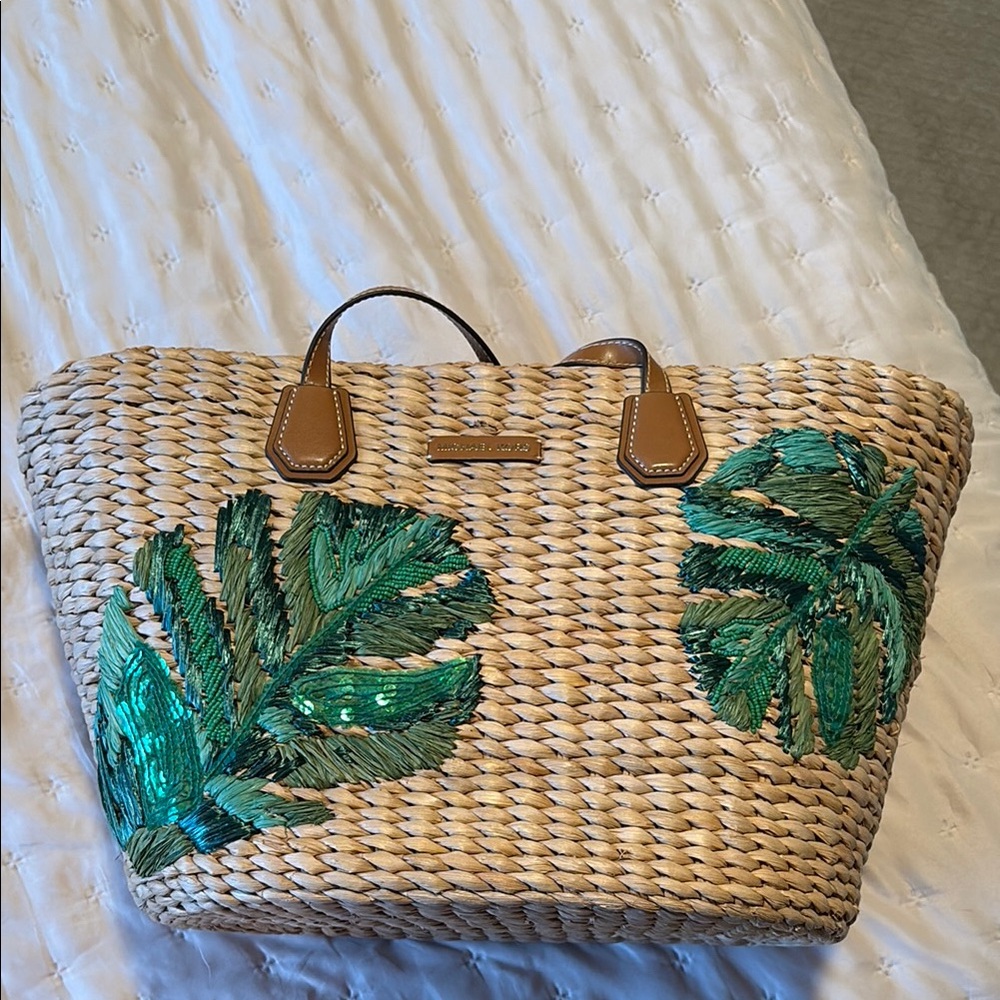 Michael Kors Palm Leaf Straw Tote - sequin embellishment